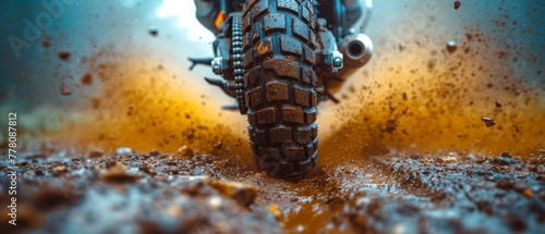 a close up of a dirt bike tire on a dirt road with a blue sky and clouds in the background.