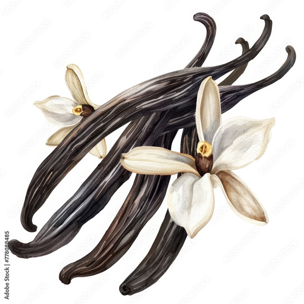 Premium Tahitian vanilla pods, watercolor clipart, on a white background Premium Tahitian vanilla pods, watercolor clipart, on a white background