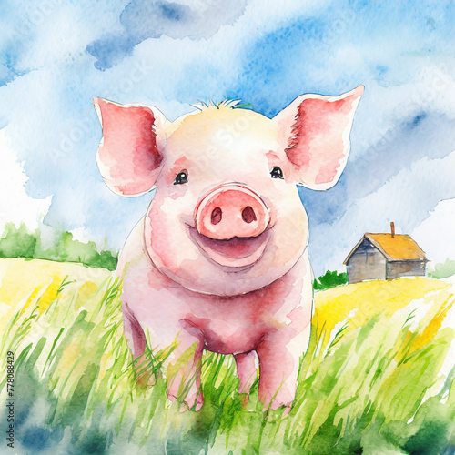 Namalowana uśmiechnięta świnka prosiak ilustracja