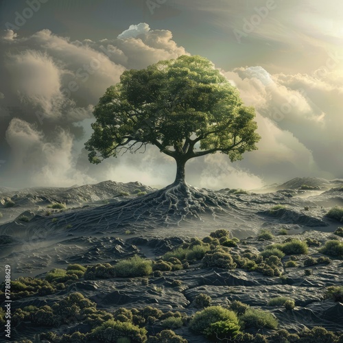 A lone tree on a barren landscape gradually turning into a lush forest illustrating environmental recovery and growth