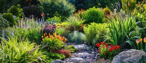 A flourishing garden with diverse plant species showcasing growth in biodiversity and ecosystem development