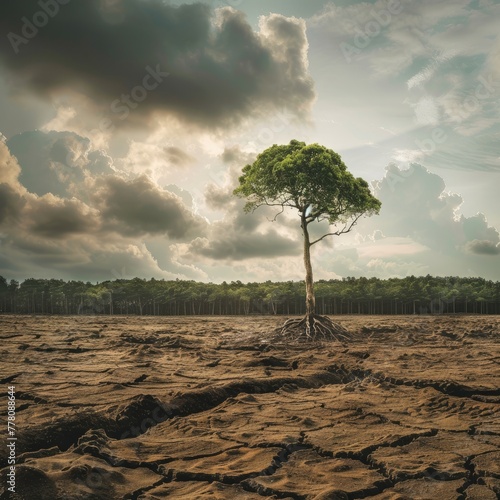 A lone tree on a barren landscape gradually turning into a lush forest illustrating environmental recovery and growth photo