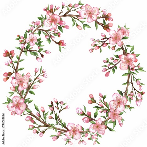 Spring blossom wreath clipart, perfect for cheerful greeting cards, professional quality, white backdrop