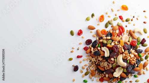 Mix of nuts and dried fruits on white background. Healthy food concept.