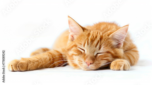 Cute ginger cat sleeping on white background. Shallow depth of field.