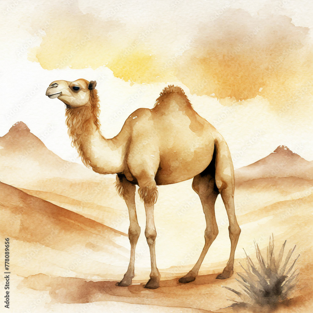 Namalowany wielbłąd na pustyni - obrazy, fototapety, plakaty 