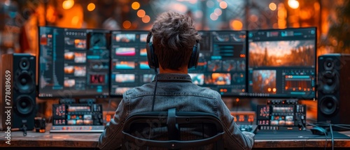 a person sitting in a chair in front of a desk with a lot of monitors and sound equipment on it.