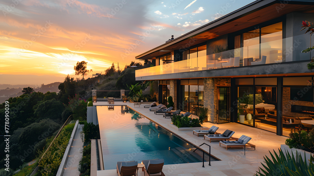 A contemporary mansion, with expansive glass windows as the background, during golden hour