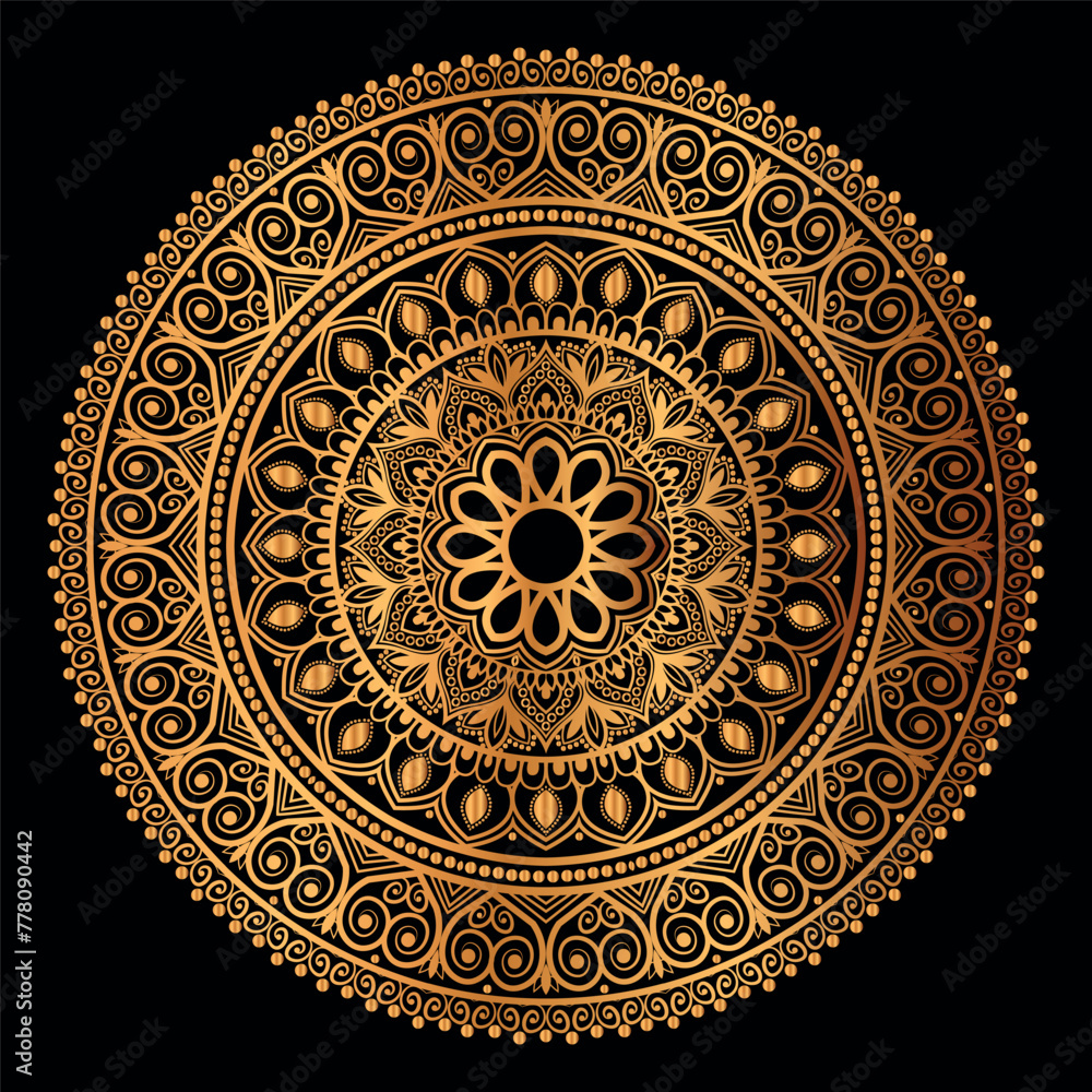 golden mandala design with a black background