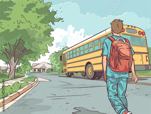 animated scene of a student dashing to catch bus