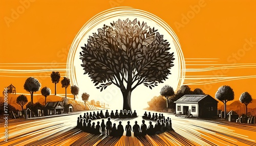 Sketchy illustration for national panchayati raj day with a silhouette of group of people under a large tree.