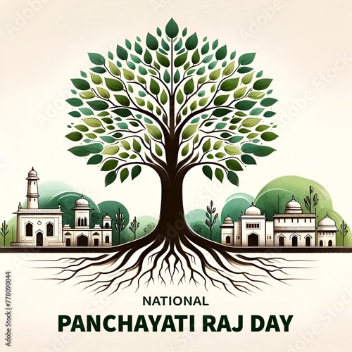 Watercolor illustration of stylized tree for panchayati raj day.