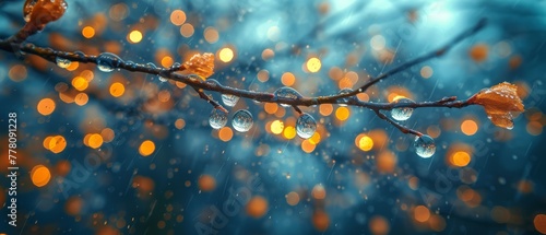 a branch with drops of water on it and a blurry background of yellow and blue lights in the background.