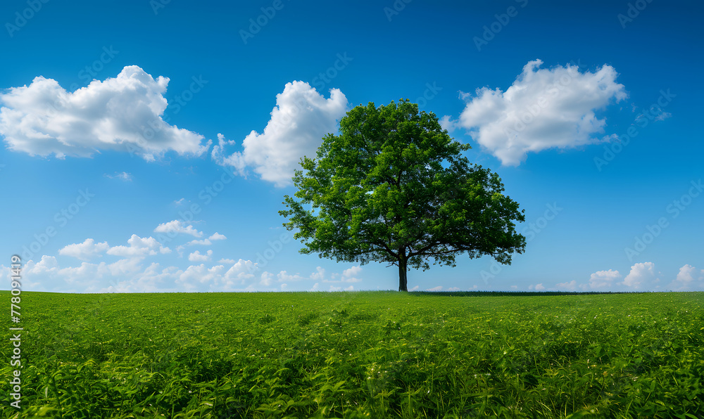 Green field tree and blue skygreat background, Generative AI 