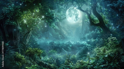 A mystical forest with ethereal creatures illuminated by moonlight. AI generative.