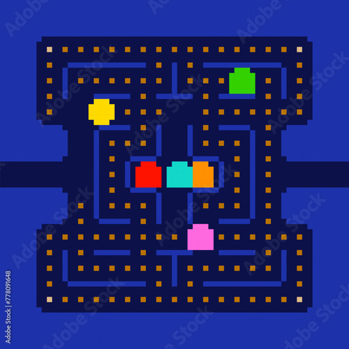 Retro pixel video game scene screen or poster. Abstract maze arcade game concept pixel graphics in 80s -90s style . Simple pixel game elements. Editable vector template