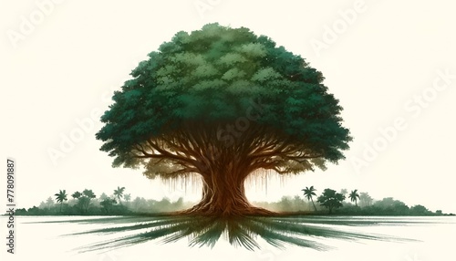 Watercolor illustration with a large banyan tree for panchayati raj day.