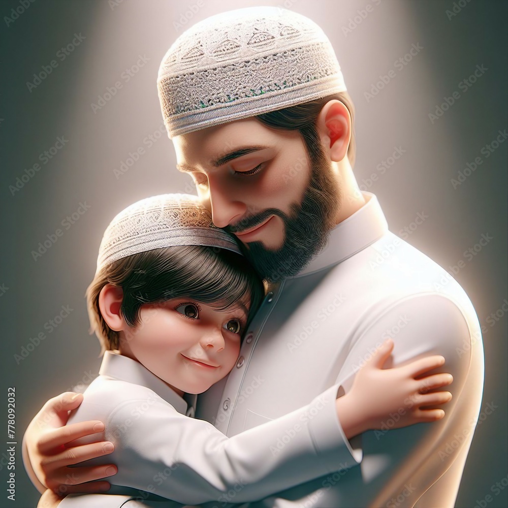 Fototapeta premium Eid ul-Adha Moment: Realistic 3D Close-Up of Father and Kid in Muslim Caps Embracing