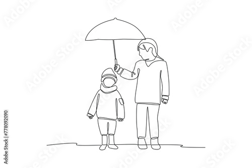 Single one line drawing help each other umbrella when it's raining. Team work people trust assistance. Technology gear collaboration solution. Continuous line draw design vector