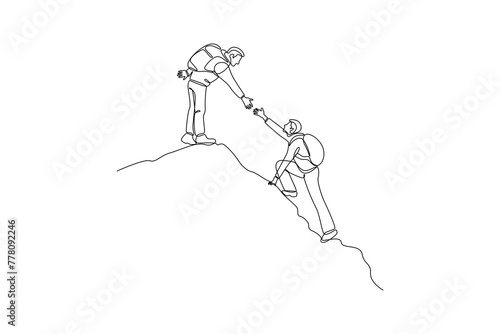 Single one line drawing help each other when rock climbing. Team work people trust assistance. Technology gear collaboration solution. Continuous line draw design vector