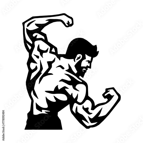 Strong back bodybuilder poses with biceps on the side, vector, logo, cartoon, illustration, mascot, character