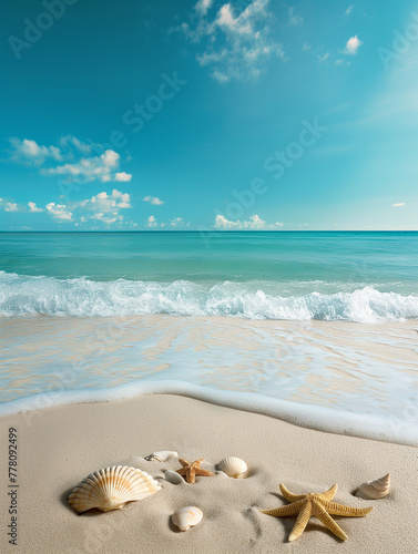  A tranquil beach scene with azure waters, gentle waves, and scattered shells on the sandy shore.