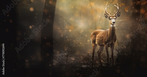 mixed media photography, fusing photography and digital art, ethereal a doe deer in a forest, an indefinite light, and a beautiful, calm tone