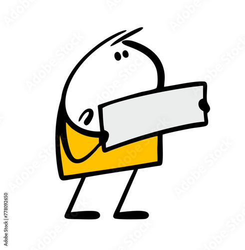 Frustrated and scared stickman holds a sign in his hands. Vector illustration of a boy attracts attention, important information on the banner. Isolated upset stickman on white background.