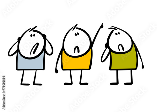 Hand drawn group of people are anxiously looking at the sky. Vector illustration of a scared stickman pointing his finger up. Isolated cartoon characters on white background.