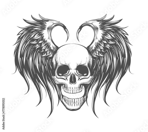 Human Skull with Wings Engraving Tattoo Design Isolated on White
