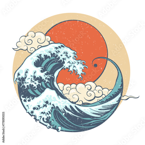 Japan Great Wave and Sun Retro Illustration Isolated on White Background