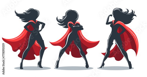 Female Superhero In Red Cape set. Female Silhouettes Isolated on White Background