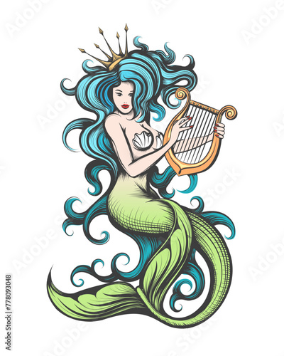 Pretty Long Haired Mermaid Plays the Harp. Engraving Tattoo Isolated on White Background
