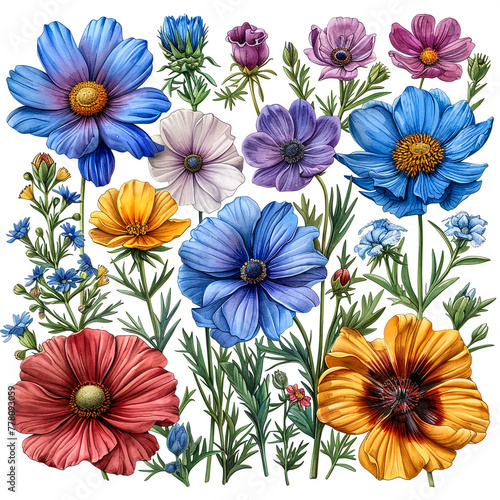 Watercolor flowers. Set Watercolor of multicolored colorful soft flowers. Flowers are isolated on a white background. Flowers pastel colors