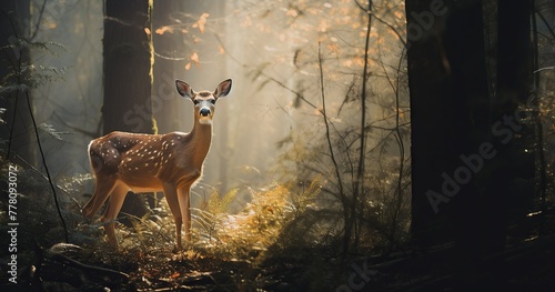 mixed media photography, fusing photography and digital art, ethereal a doe deer in a forest, an indefinite light, and a beautiful, calm tone photo