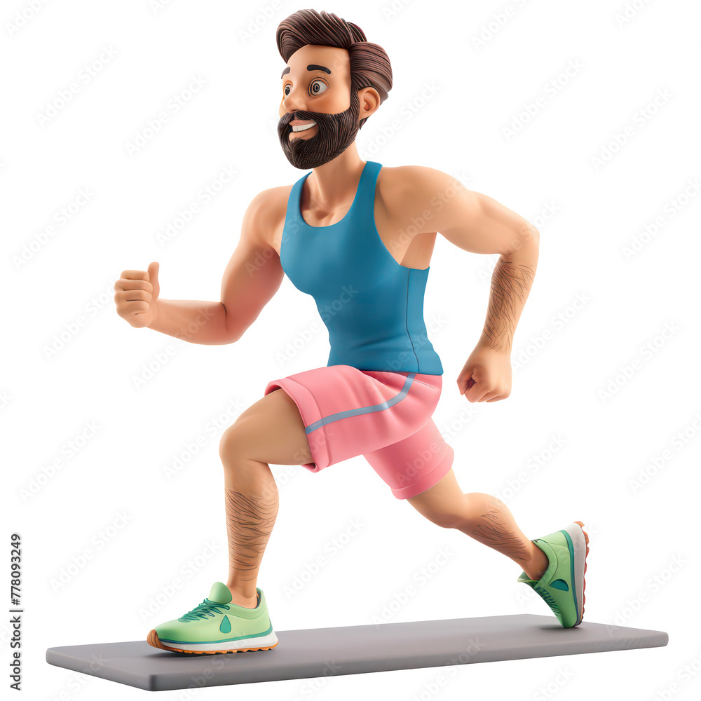 3d man trains on the mat. 3d illustration render isolated transparent. Bearded sportsman in pink shorts, blue tank top and green sneakers doing dynamic warm-up exercises