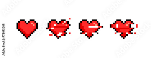 Perfect Pixel Hearts icons set with glitch effect animation in retro video game style - isolated vector on white background