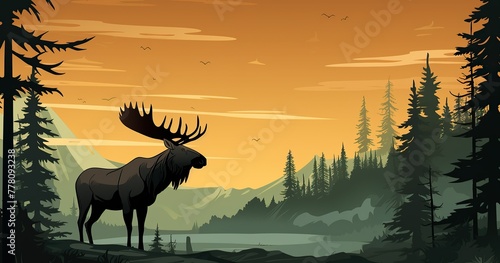 moose in black and trees in animation background