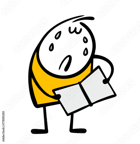 Funny sad cartoon stickman is reading doodle book in the library and crying. Vector illustration of a romantic novel and literature. Isolated on white background.