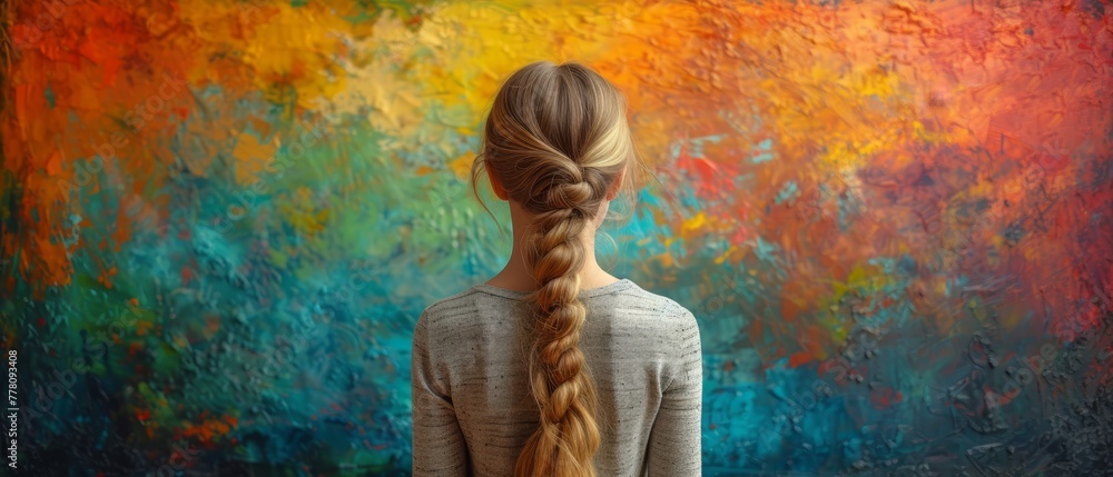 Obraz premium a woman with a fishtail braid standing in front of a colorful painting of a woman's hair in a fishtail braid.