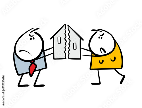 Man and a woman broke down house, keep two halves of building, divide  property in divorce. Vector illustration of  marital quarrel. An aggressive couple in conflict situation. Isolated on white.