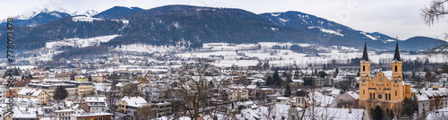 Wide panoramic aerial view of Brunico (Bruneck), South Tyrol, Italy in the winter. © beataaldridge