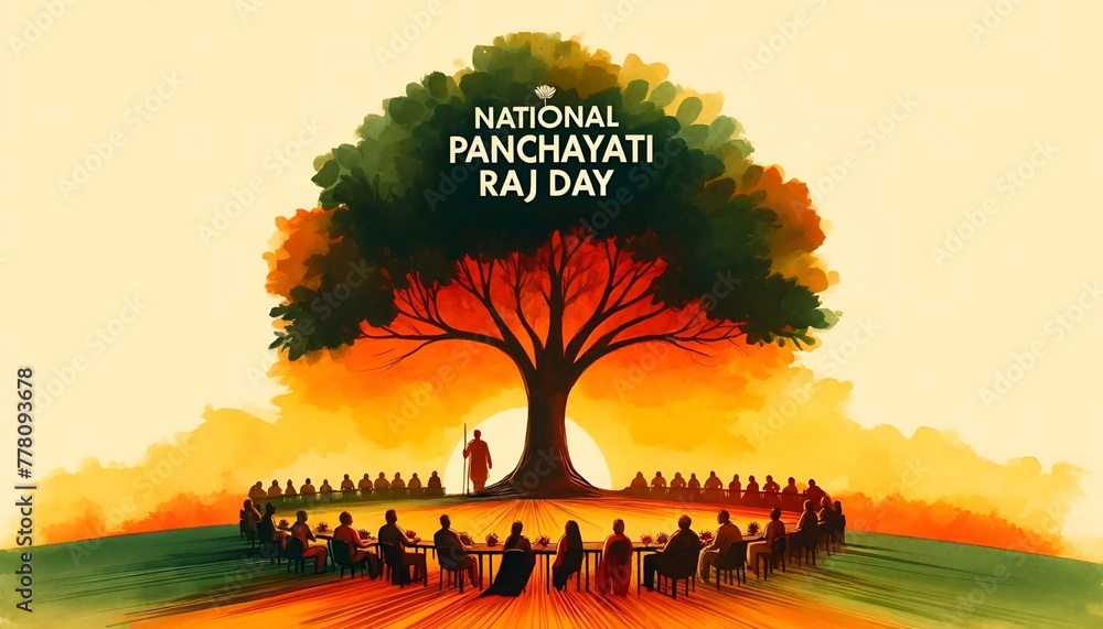Illustration commemorating national panchayati raj day with a group of people under a large tree. - obrazy, fototapety, plakaty 