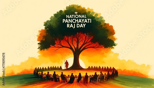 Illustration commemorating national panchayati raj day with a group of people under a large tree.