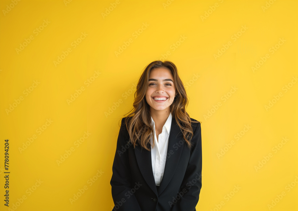 Professional Business Woman Smiling Against Vibrant Yellow Background - Corporate, Leadership, and Diversity Visuals. Professional Business Woman Smiling Against Vibrant Yellow Background - Corporate, Leadership, and Diversity Visuals.