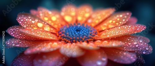 a close up of a flower with drops of water on the petals and the center of the flower's petals.