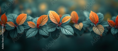 a group of orange and green leaves on top of a green leafy plant with orange and green leaves on top of it.