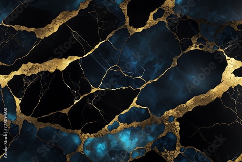 black dark marble texture, hints of blue and gold lightning Glass effect