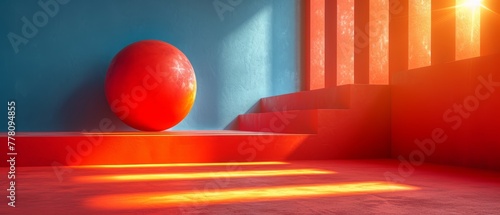 a red ball sitting on top of a set of stairs next to a blue wall and a red stair case.