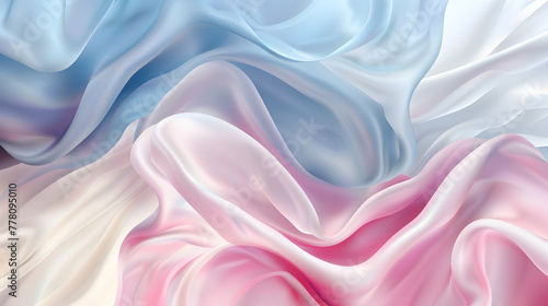 Abstract background with waves. A liquified effect that creates smooth, flowing patterns in blue, pink pastel, and ivory. The design evokes the elegance and softness of luxurious fabric.
